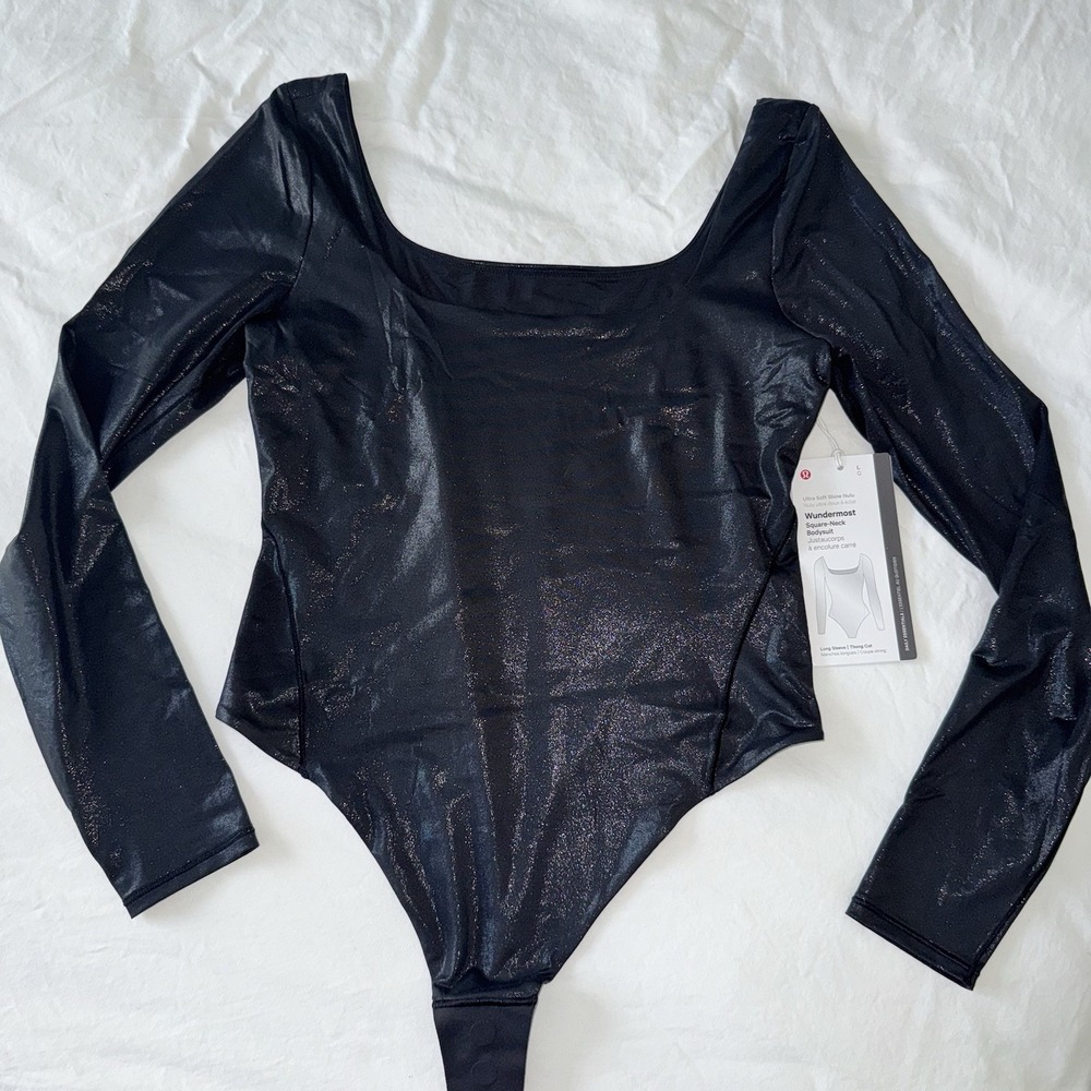 Lululemon Wundermost Square-Neck Black *SHINE* Bodysuit Nulu LS Thong Size L